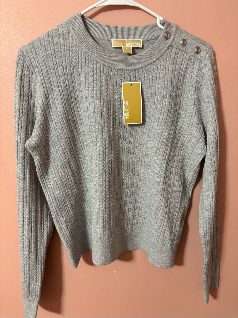 Michael Kors Heather Gray Cable Knit Crewneck Sweater with Shoulder Buttons